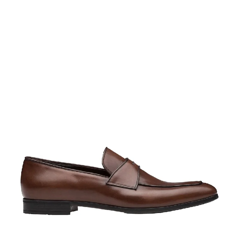 simple travel loafers-Prada 2DC192-V69 Men's Shoes Brown Calf-Skin Leather Penny Loafers (PRM1021)