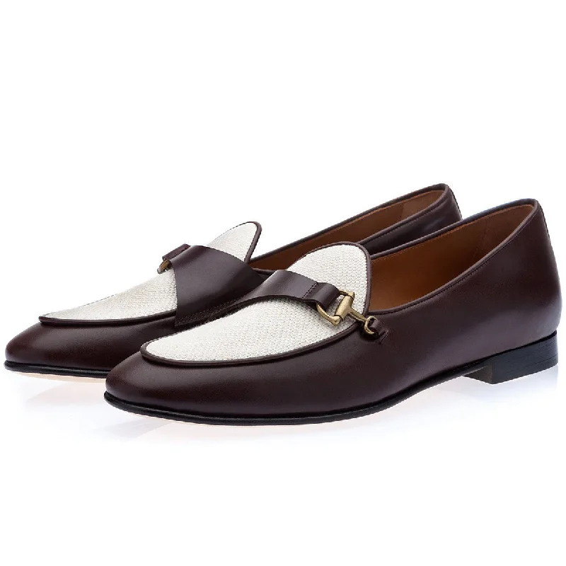 comfy everyday loafers-SUPERGLAMOUROUS Rete Men's Shoes White & Cocoa Canvas / Calf-Skin Leather Belgian Loafers (SPGM1329)