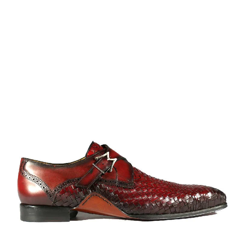 cushioned travel loafers-Mezlan S20271 Men's Shoes Burgundy Woven / Calf-Skin Leather Dress Opanka Monk-Straps Loafers (MZS3484)