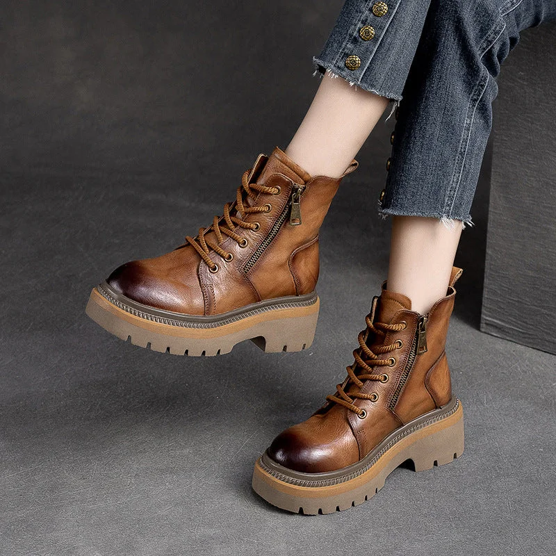 Tall boots for women -Women Retro Patchwork Leather Platform Boots