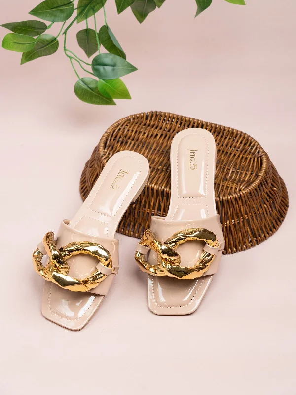 women’s beige flats-Women Beige Buckle Embellished Open Toe Flats