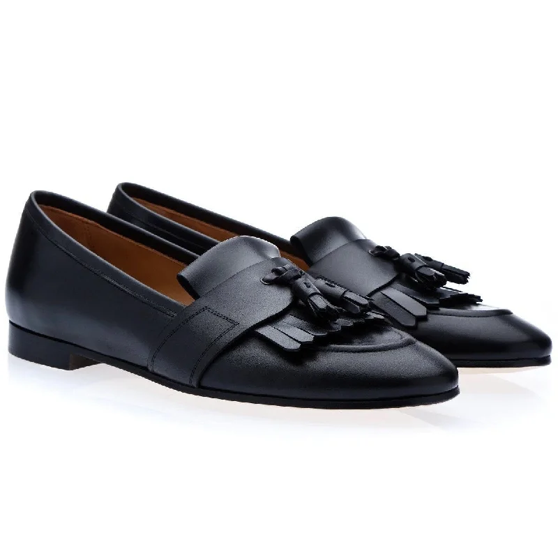 trendy beige loafers-SUPERGLAMOUROUS Romeo Toledo Men's Shoes Black Calf-Skin Leather Tassels Loafers (SPGM1051)