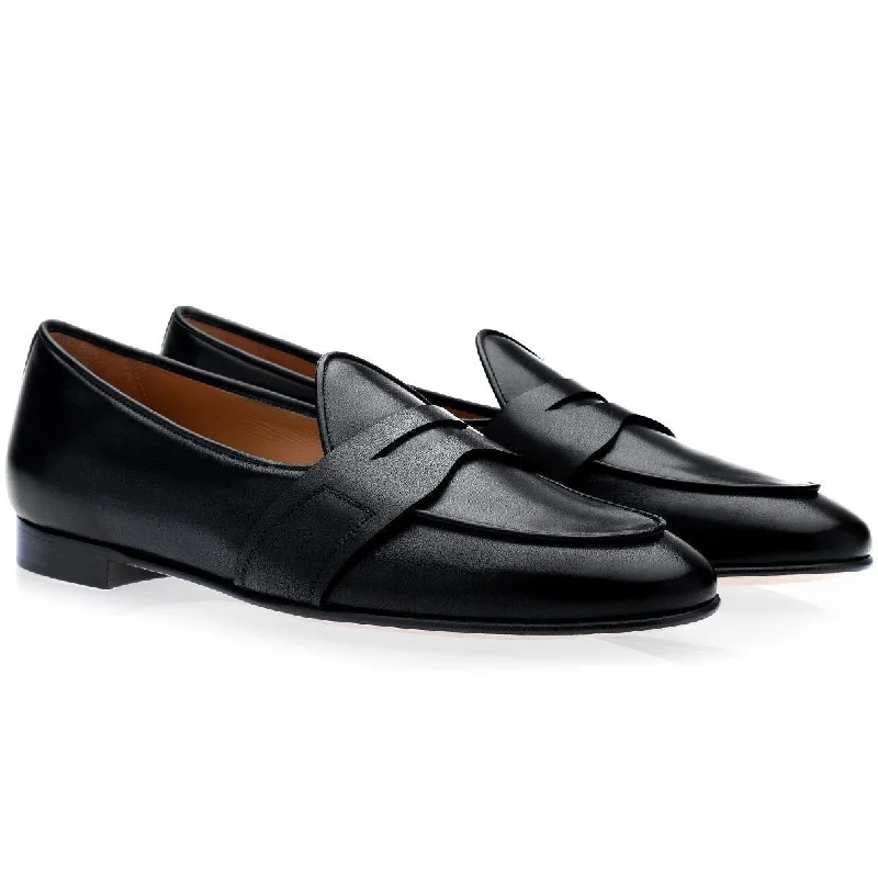 cute striped loafers-SUPERGLAMOUROUS Tangerine 9 Toledo Men's Shoes Black Hand-Painted Leather Belgian Loafers (SPGM1149)