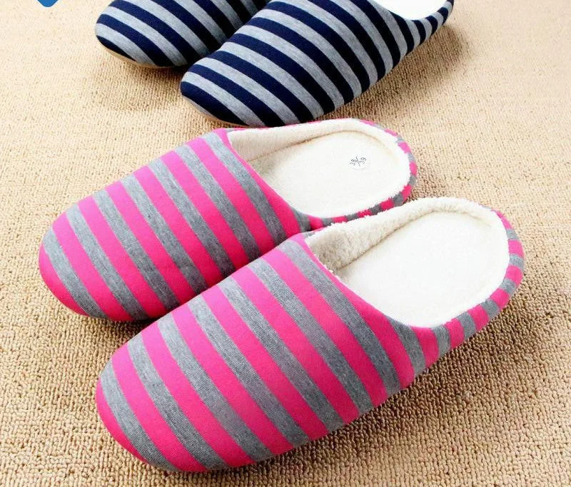 Slippers for busy calm-Slippers Men Women Indoor Pantufas Winter Cotton Striped Slipper Home Shoes Soft Floor Household Female/male Plush Chinelos