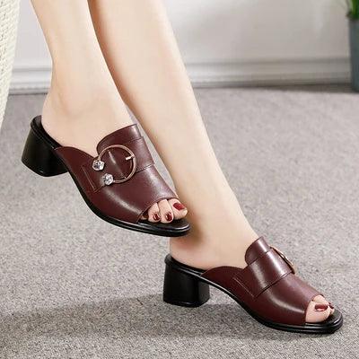 Slippers for constant wear-Leather High Heels Women's Casual Shoes Slippers - P630