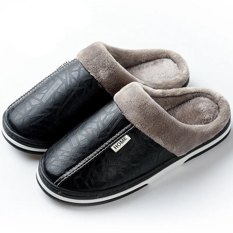 Slippers for long evenings-slippers Home Winter Indoor Warm Shoes Thick Bottom Plush  Waterproof Leather House slippers man Cotton shoes