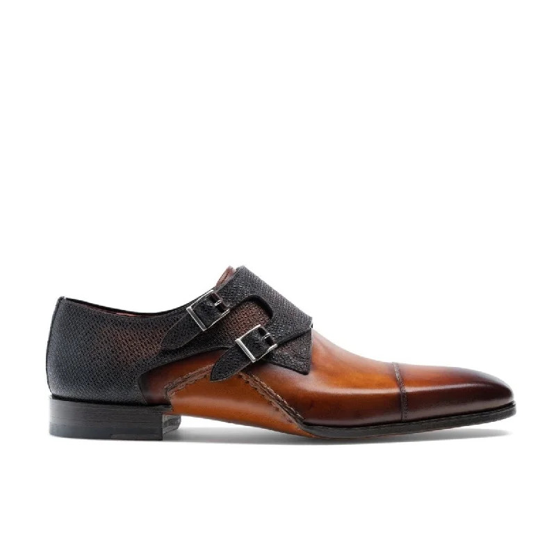 trendy silver loafers-Magnanni 19616 Ondara II Men's Shoes Two-Tone Brown Lizard Print / Calf-Skin Leather Monk-Straps Loafers (MAGS1000)