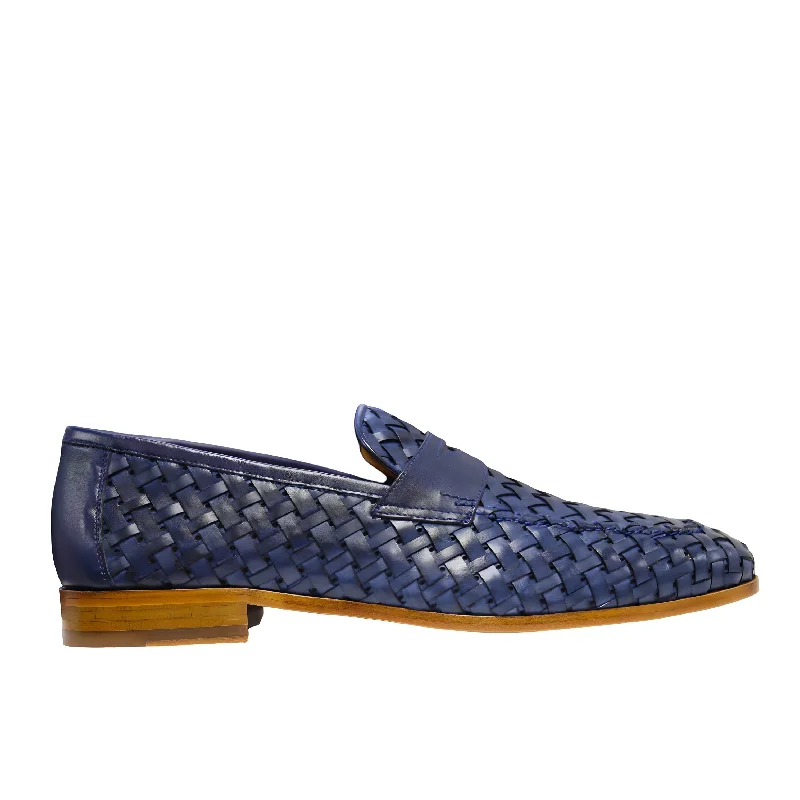 chic pink loafers-Ambrogio by Mezlan Solomeo 21101 Men's Shoes Navy Woven Leather Penny Slip-On Loafers (AMZ1012)