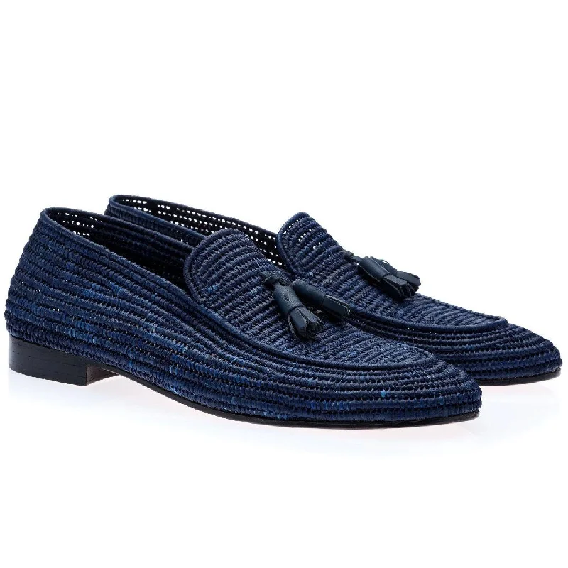 cute striped loafers-SUPERGLAMOUROUS Melilla Rafia Men's Shoes Navy Fabric Tassel Loafers (SPGM1058)