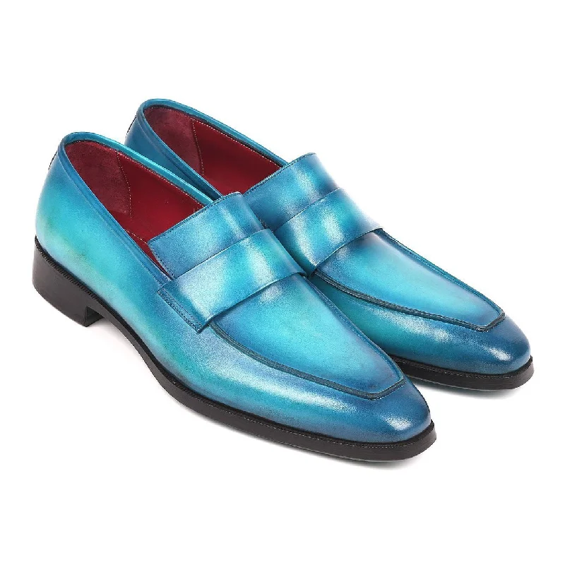 non-slip office loafers-Paul Parkman Men's Blue Turquoise Calf-Skin Leather Slip-On Loafers 093-TRQ (PM6157)