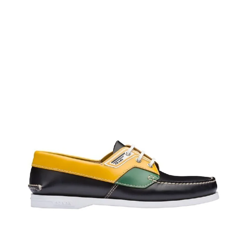 women’s brown loafers-Prada 2EG270-X2O Men's Shoes Black, Green & Yellow Calf-Skin Leather Boat Moccasin Loafers (PRM1009)