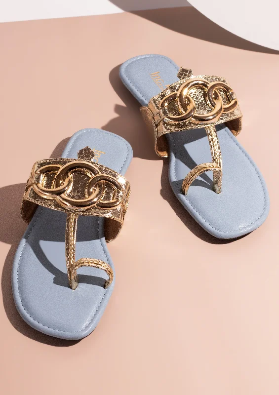 breathable work flats-Women Gold And Blue-Toned One Toe Flats With Buckle Details