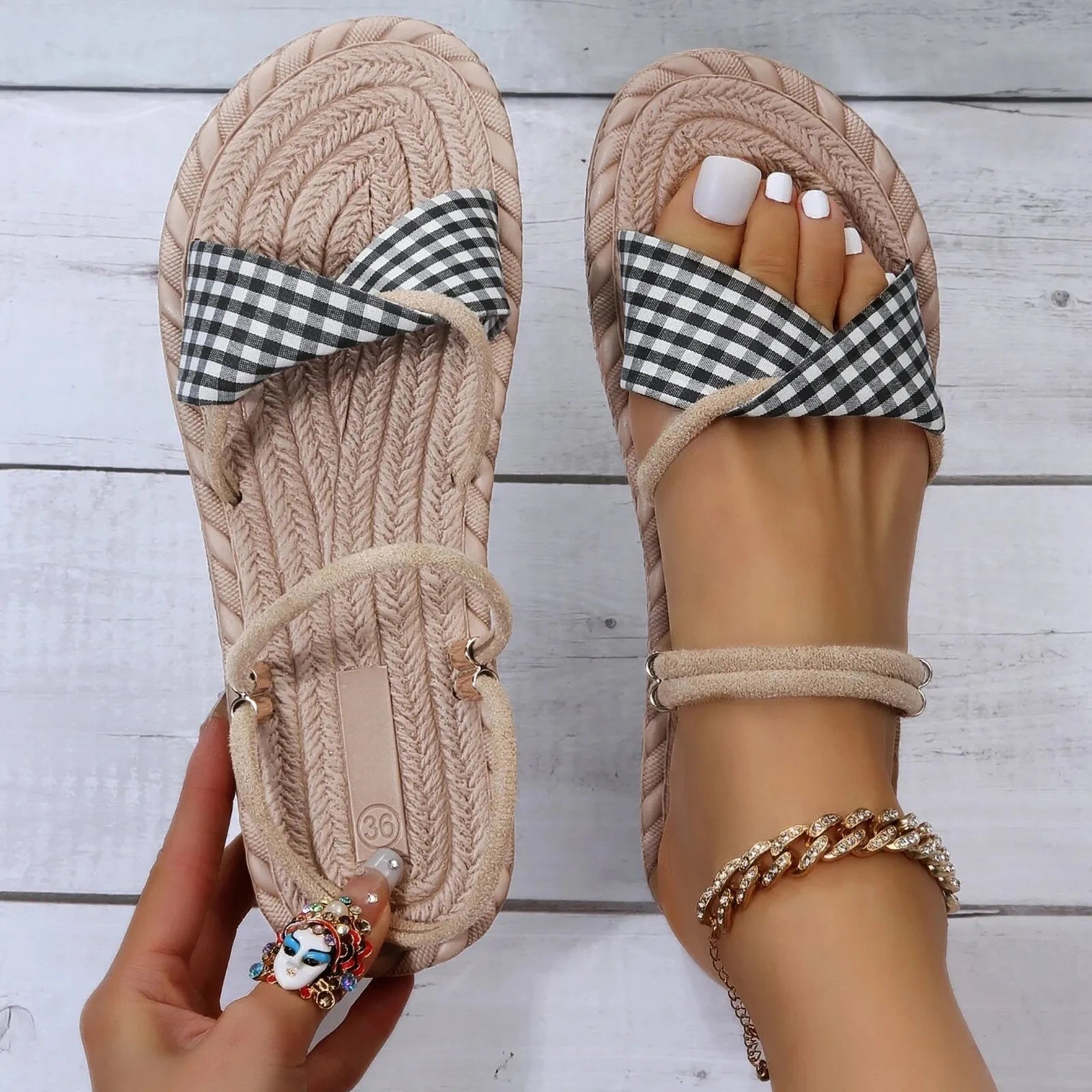 Slippers with steady support-Gingham Two Way Wear Slide Sandals Women Casual Bohemian Sandals Minimalist Cross Strap Outdoor Beach Slippers Chaussure Femme