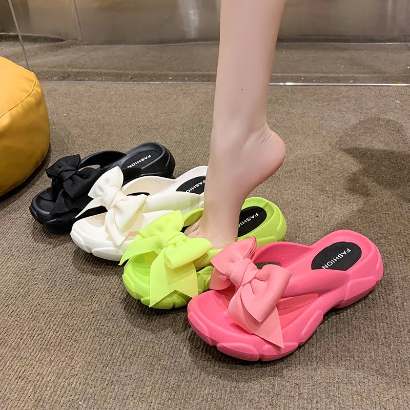 Slippers for active rest-Fashion Bowknot Platform Flip Flop for Women Beach Non Slip Wedge Slippers Woman Thick Sole Clip Toe Slides Sandals