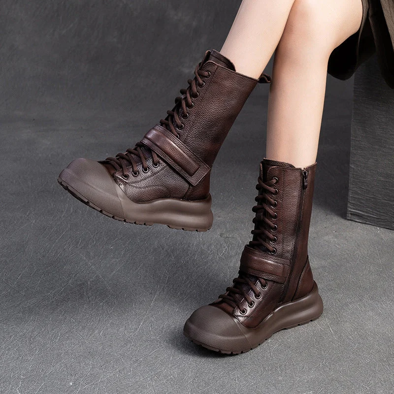 Boots for comfort and style -Women Retro Soft Leather Platform Mid-Calf Boots