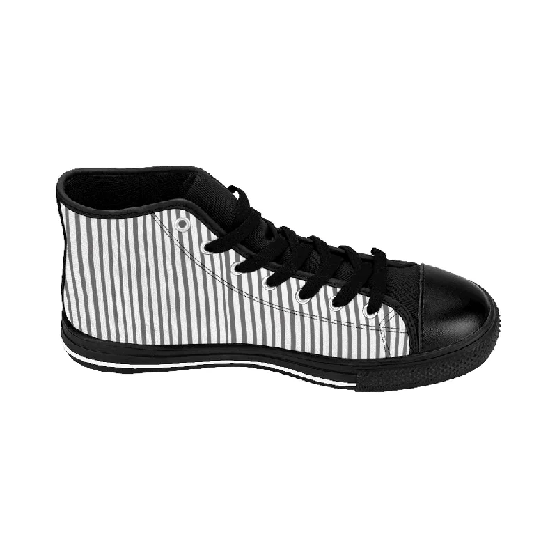 Grey Striped Men's High-top Sneakers, Modern Stripes Designer Tennis Running Shoes For Men