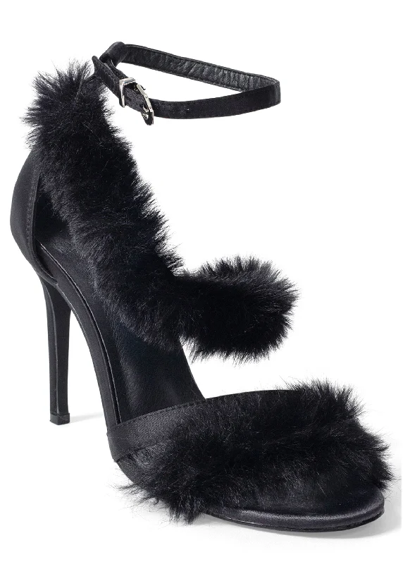 men’s sandals with padded straps -Faux-Fur High Heel Sandals - Black