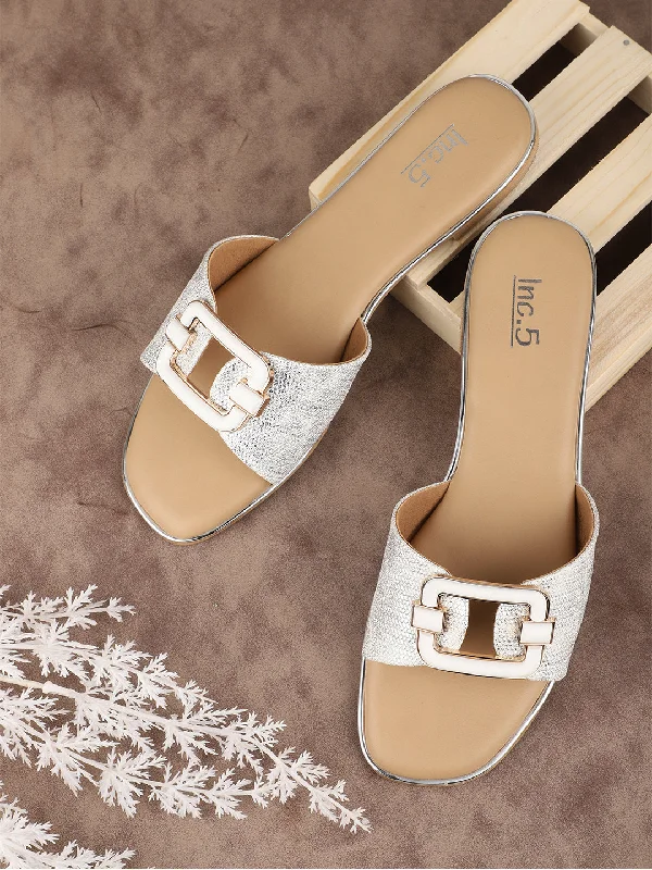 cozy canvas flats-Women White Coloured Textured Buckle Detailed Open Toe Flats