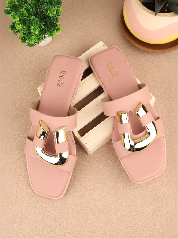 plush velvet flats-Women Peach & Gold-Toned Buckle Detailed Open Toe Flats