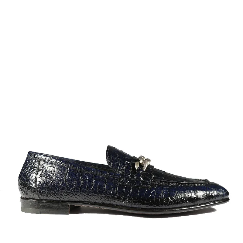 comfy casual loafers-Jo Ghost 2955 Men's Shoes Navy Crocodile Print Leather Chain Loafers (JG5312)