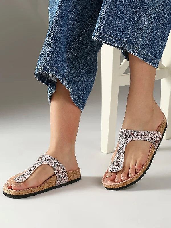 lightweight spring flats-Women Peach Printed Cork Finish T-Strap Flats