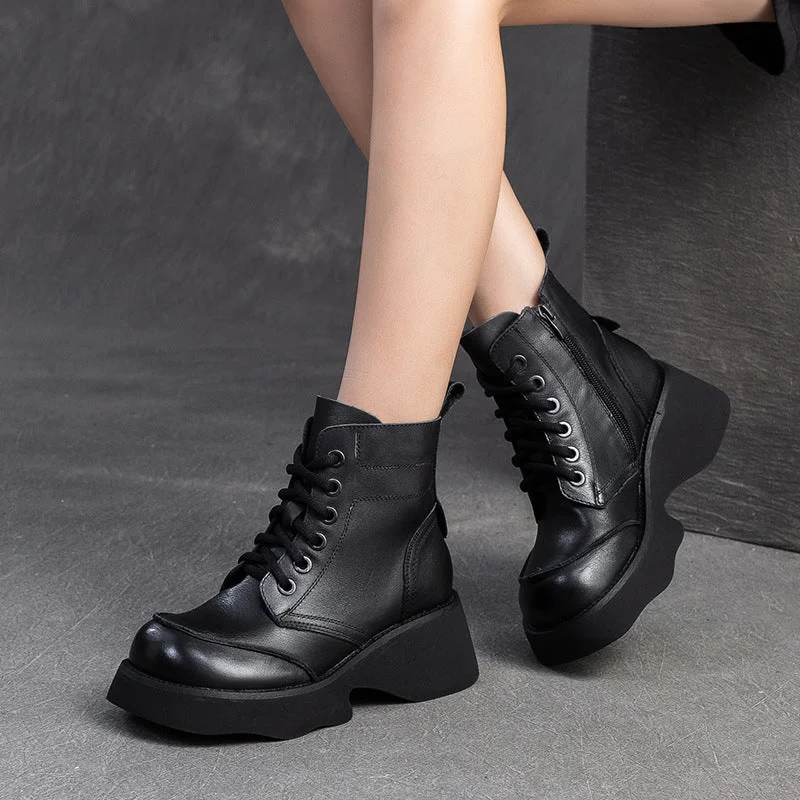 Stylish platform boots for fall -Women Retro Solid Leather Platform Boots