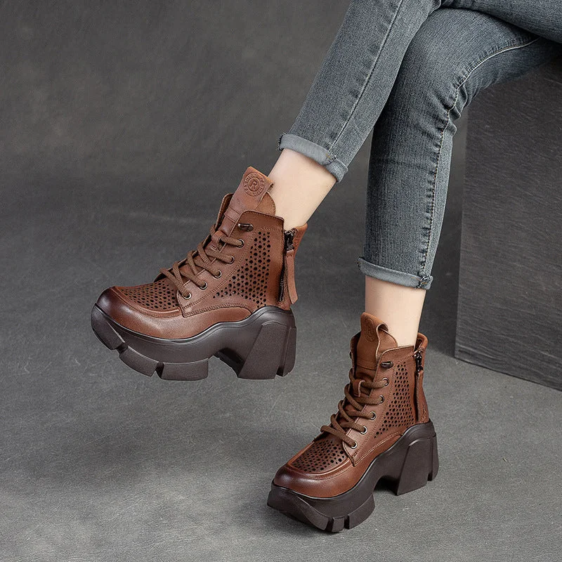 Casual boots for women’s fall wardrobe -Women Summer Hollow Leather Chunky Platform Boots