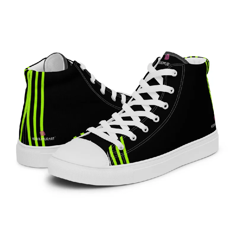 Black Green Striped Women's Sneakers, Neon Green Stripes High Top Tennis Shoes For Ladies