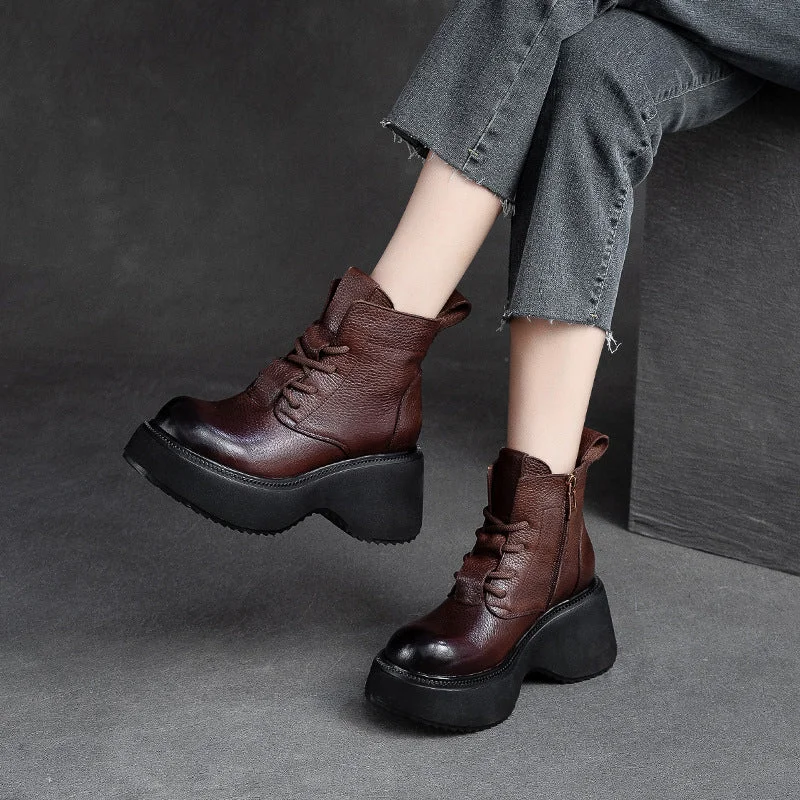 Comfortable boots for city snow walks -Women Retro Minimalist Leather Chunky Platform Boots