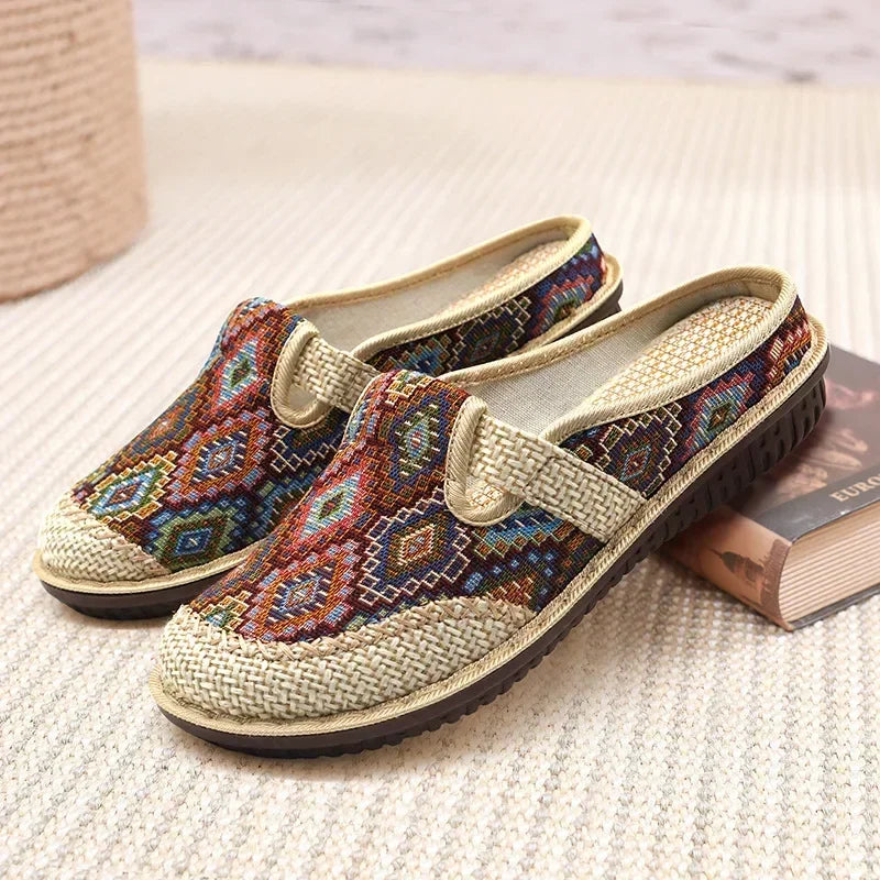 Slippers for summer vibes-Fashion Women's Shoes Ethnic Style Embroidered Linen Breathable Outdoor Casual Slippers Shoes