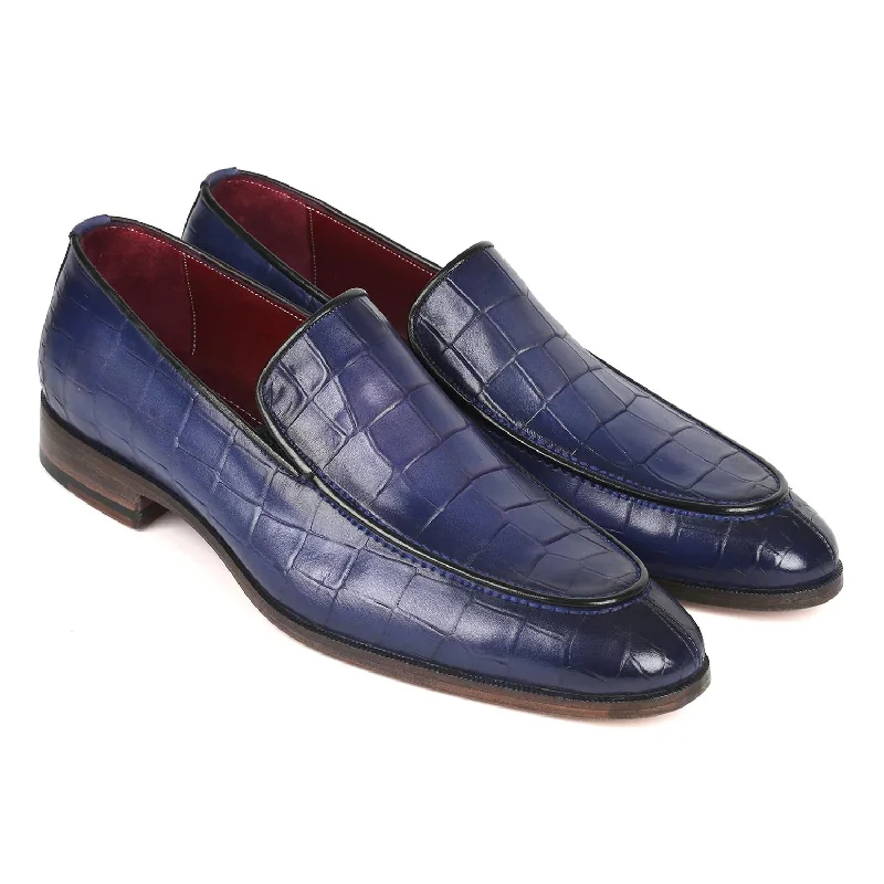 trendy red loafers-Paul Parkman 7339-BLU Men's Shoes Blue Crocodile Print / Calf-Skin Leather Slip-On Loafers (PM6383)