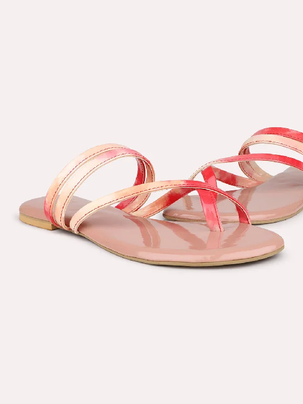 chic nude flats-Women Red Printed Strappy One Toe Flats