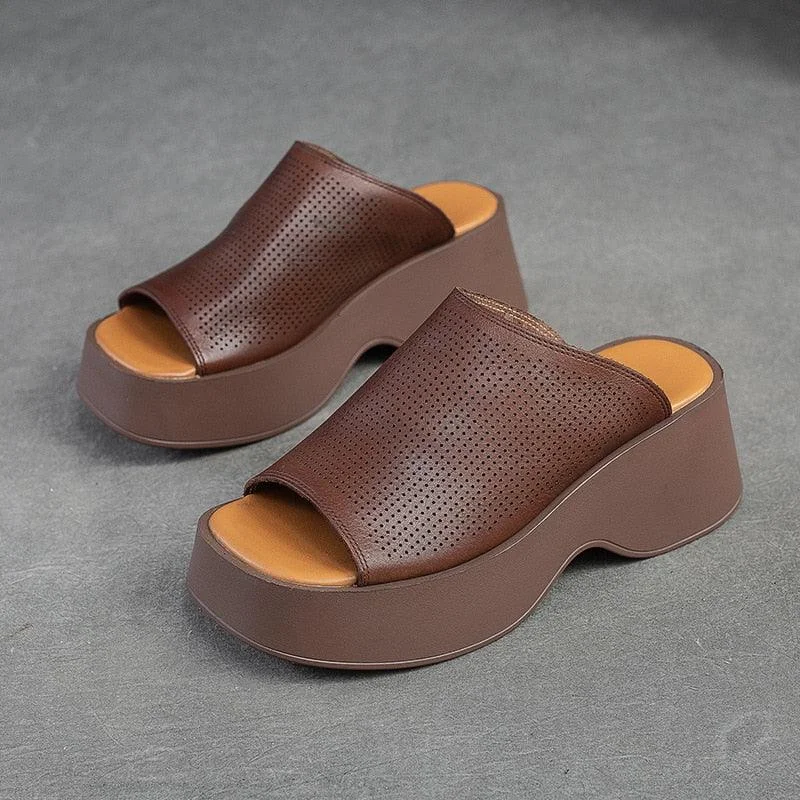 Slippers for daily calm-Handmade Leather Women's Slippers Wedges: GO1231 Casual Shoes