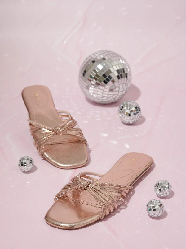 durable travel flats-Women Rose Gold Embellished Strappy Open Toe Flats with Knot Detail