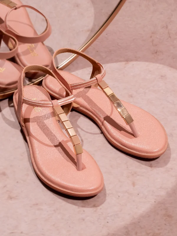 comfy summer flats-Women Peach And Gold-Toned Open Toe Flats