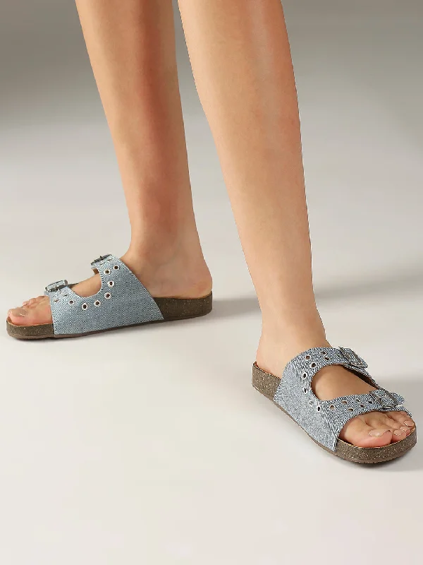 trendy nude flats-Women Blue Denim Cork Finish Comfort Open Toe Flats With Buckle Detail