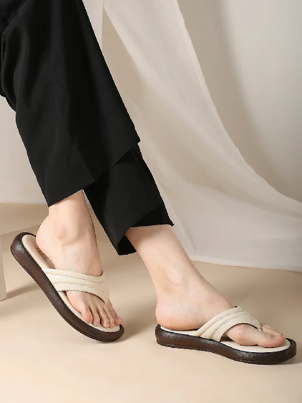 lightweight travel flats-Women White Textured T-Strape Open Toe Flats