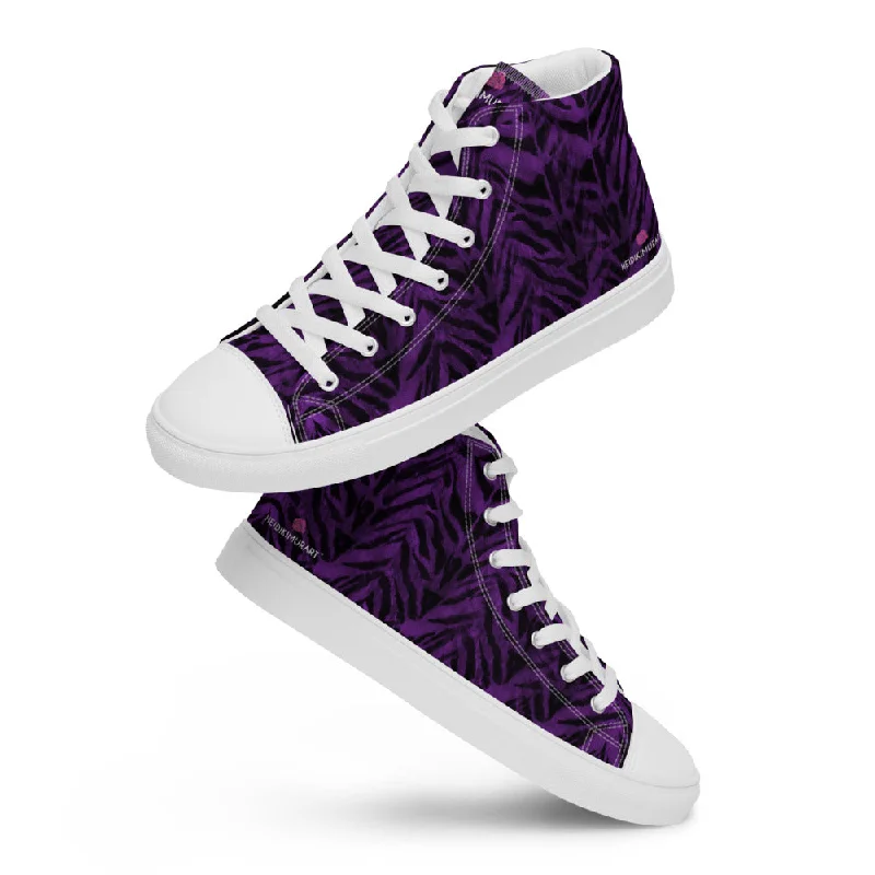 Purple Tiger Striped Women's Sneakers, Animal Print Designer Tiger Stripes High Top Tennis Shoes