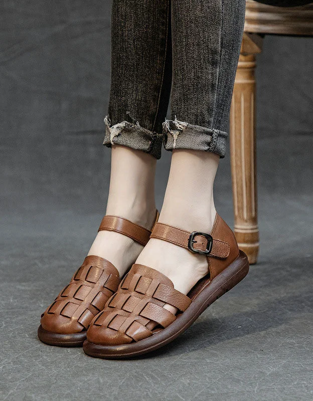 eco-friendly sandals made from recycled materials -Round Toe Soft Leather Woven Flat Sandals