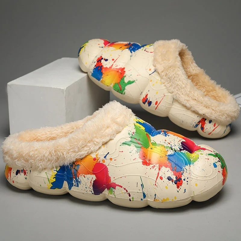 Slippers with memory foam-Home Indoor Platform Fleece-lined Contrast Color Cotton Slippers