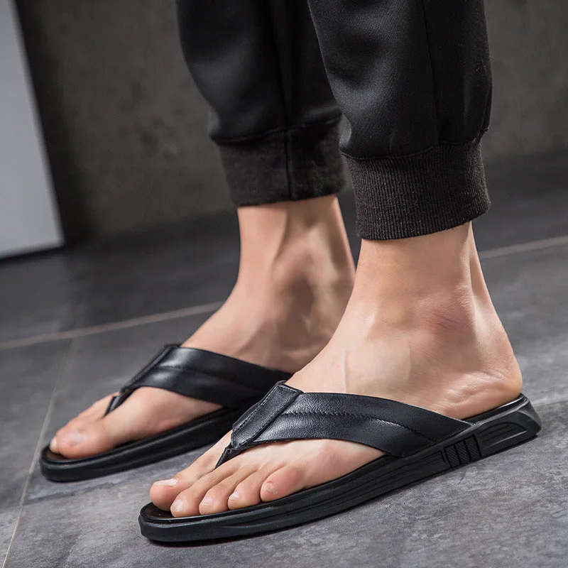 Slippers with adjustable straps-Men's Summer Flip-flops Leather Flip-flops Beach Slippers