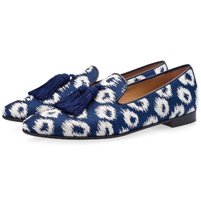 non-slip travel loafers-SUPERGLAMOUROUS Louis Rivareno Men's Shoes Navy & Cream Jacquard Canvas Tassels Loafers (SPGM1003)