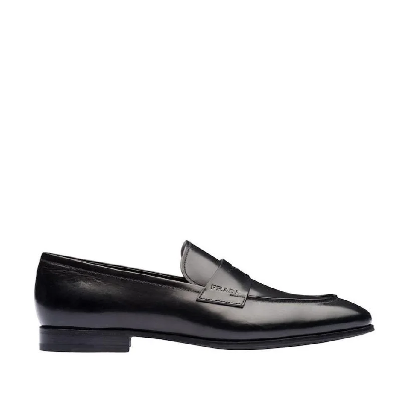 plush velvet loafers-Prada 2DB185-248 Men's Shoes Black Calf-Skin Leather Penny Loafers (PRM1031)