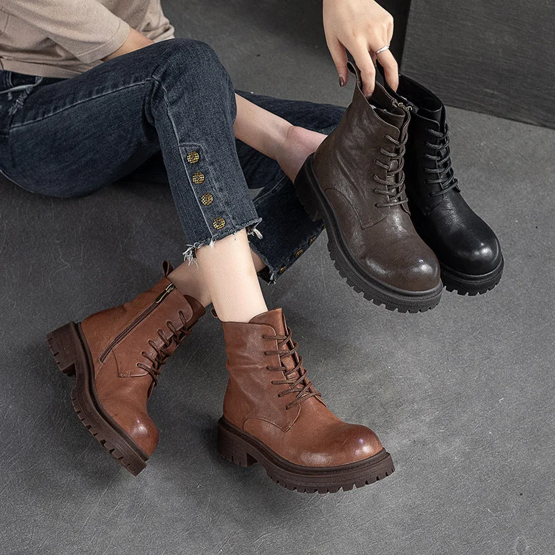 Stylish ankle boots for women -Women Retro Patchwork Leather Handmade Casual Boots