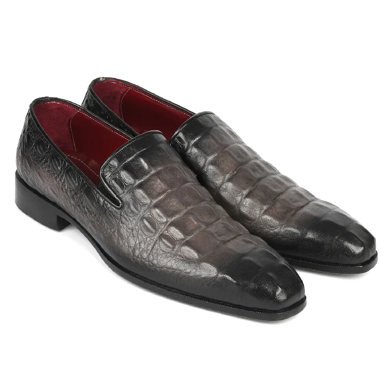 lightweight work loafers-Paul Parkman 5576-GRY Men's Shoes Gray Crocodile Print Slip-On Loafers (PM6385)