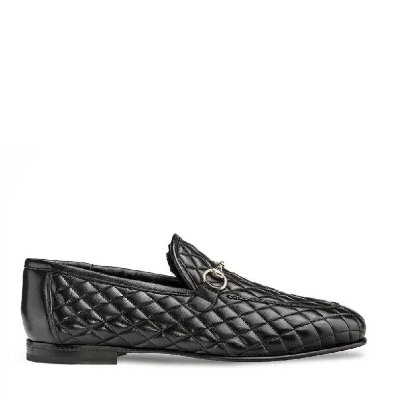 durable work loafers-Mezlan R20136 Men's Shoes Black Quilted Calf-Skin Leather Horsebit Loafers (MZS3407)