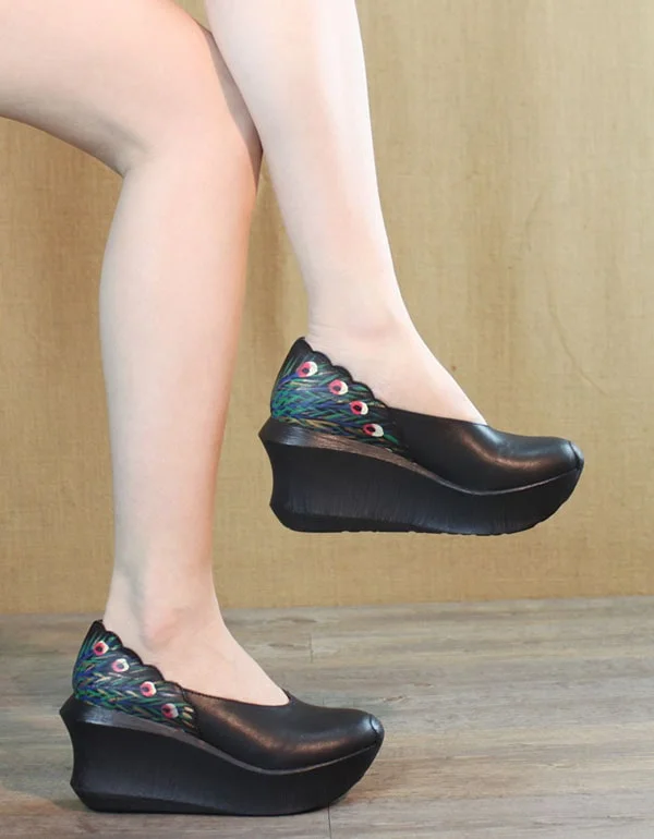 sandals with sturdy heels -Peacock Print Leather Elegant Wedge Sandals