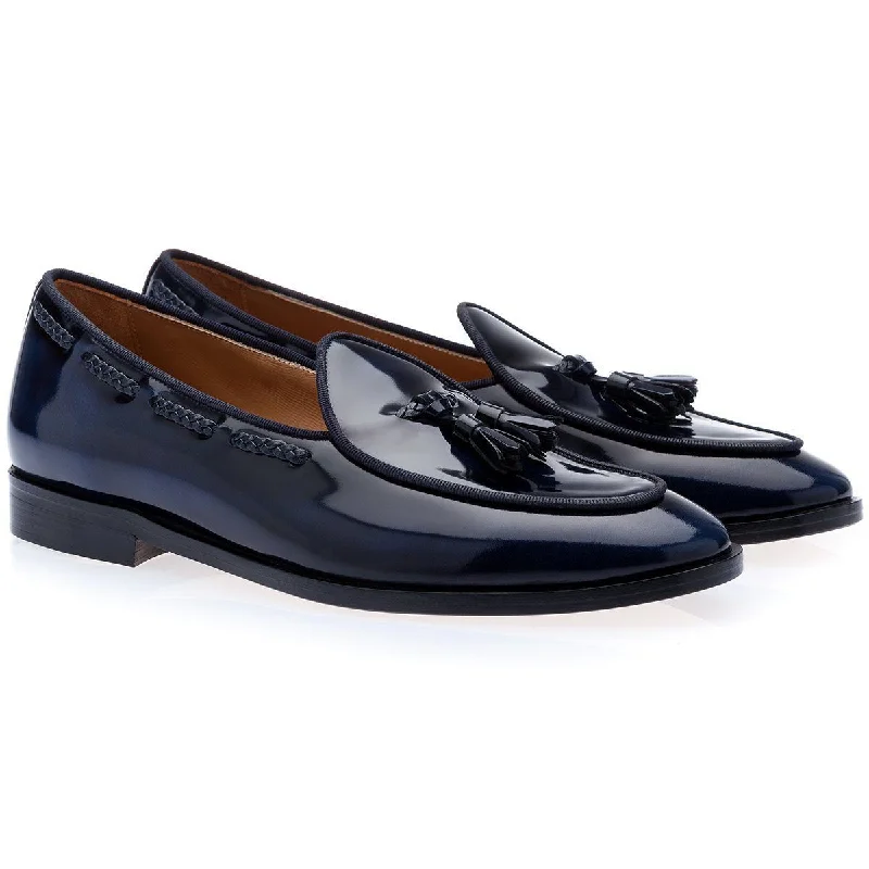 stylish fall loafers-SUPERGLAMOUROUS Tangerine 8 Brushed Men's Shoes Navy Polished Leather Belgian Loafers (SPGM1154)