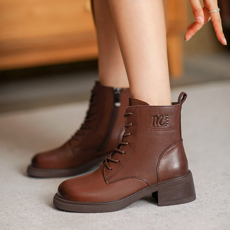 Boots for snow trails with high traction -Women Retro Leather Chunky Soled Casual Boots