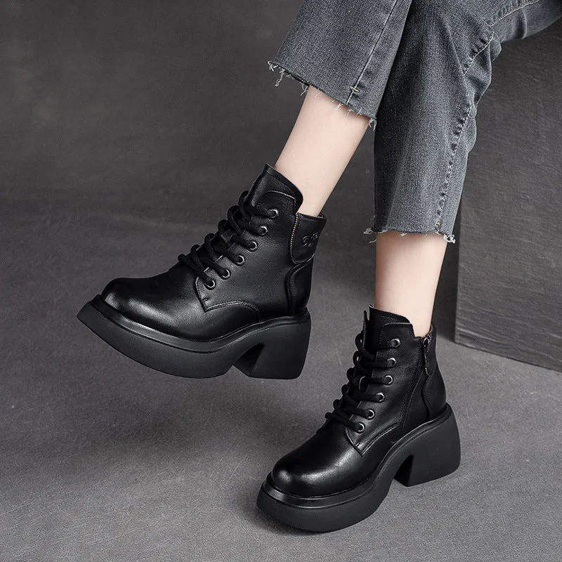 Stylish combat boots for women -Women Retro Casual Leather Chunky Heel Boots